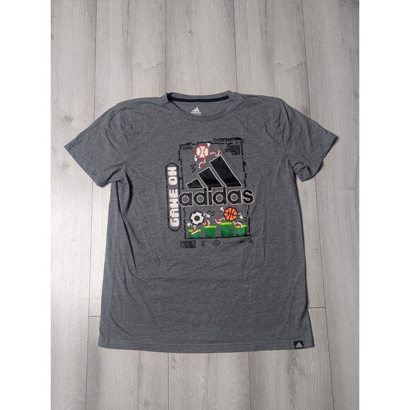 Adidas 8-Bit Sports T-Shirt Youth XL Video Games 3 Stripe Logo Grey Short Sleeve - Picture 1 of 7